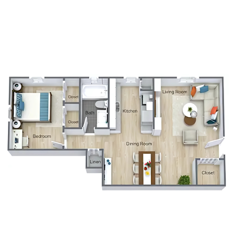 Floor plan for 1 bed, 1 bath, 675 sqft